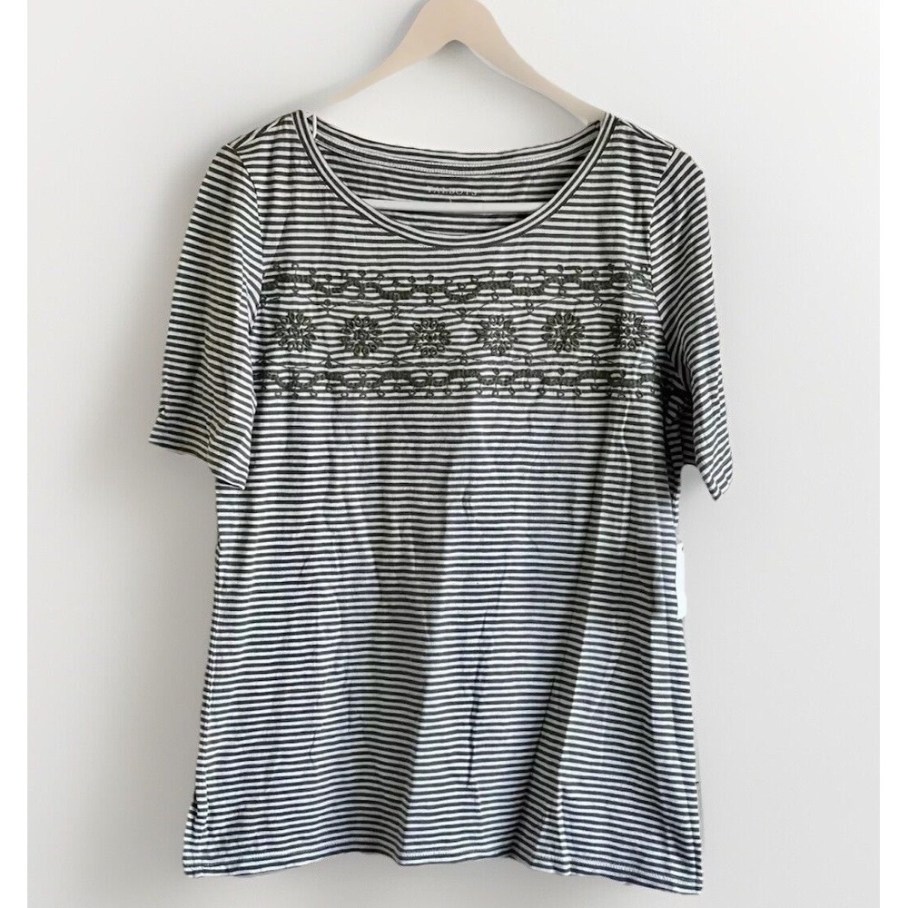 Talbots NWT Women's Small Green Striped Floral Embroidered Short Sleeveโ T-shirt